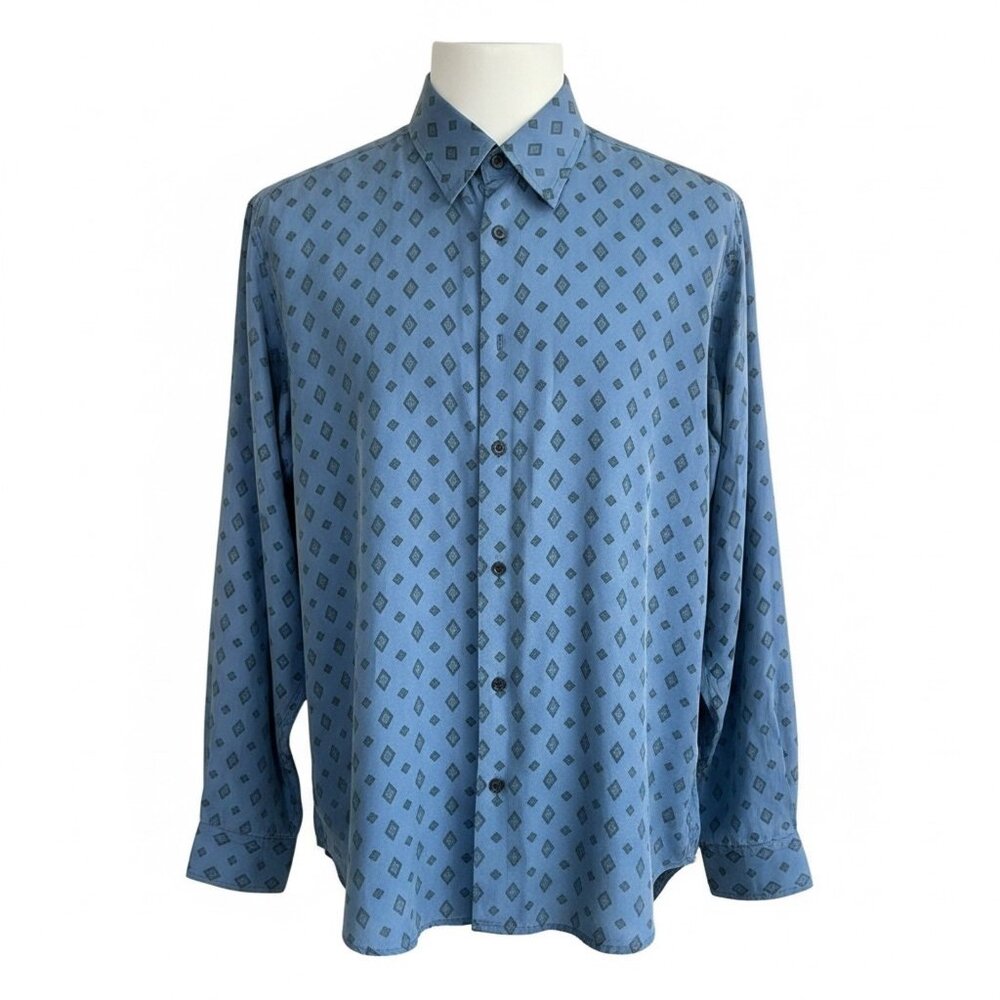 Vintage 80s Shirt Blue and Black Diamond Medallions 100% Silk Disco